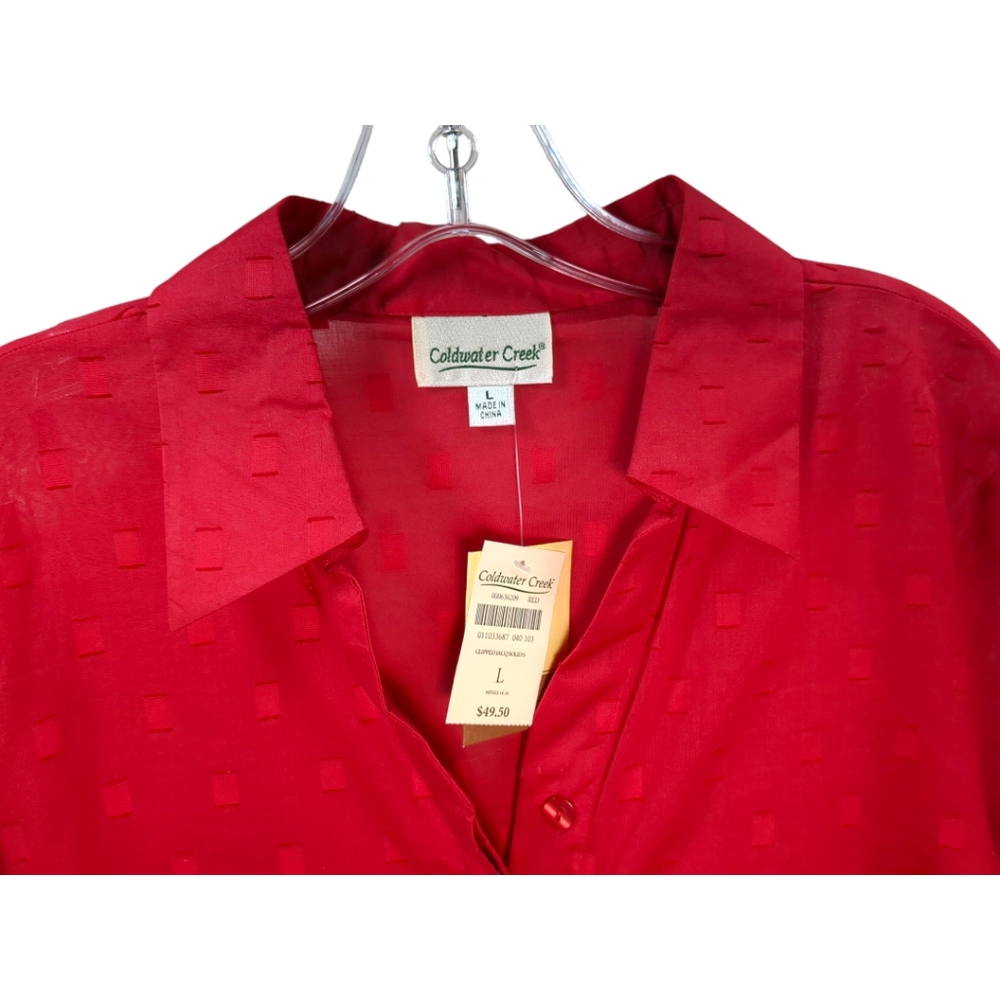 Coldwater Creek Red 100% Cotton Jacquard Sheer Top/ Blouse SZ L NEW - Picture 2 of 6
